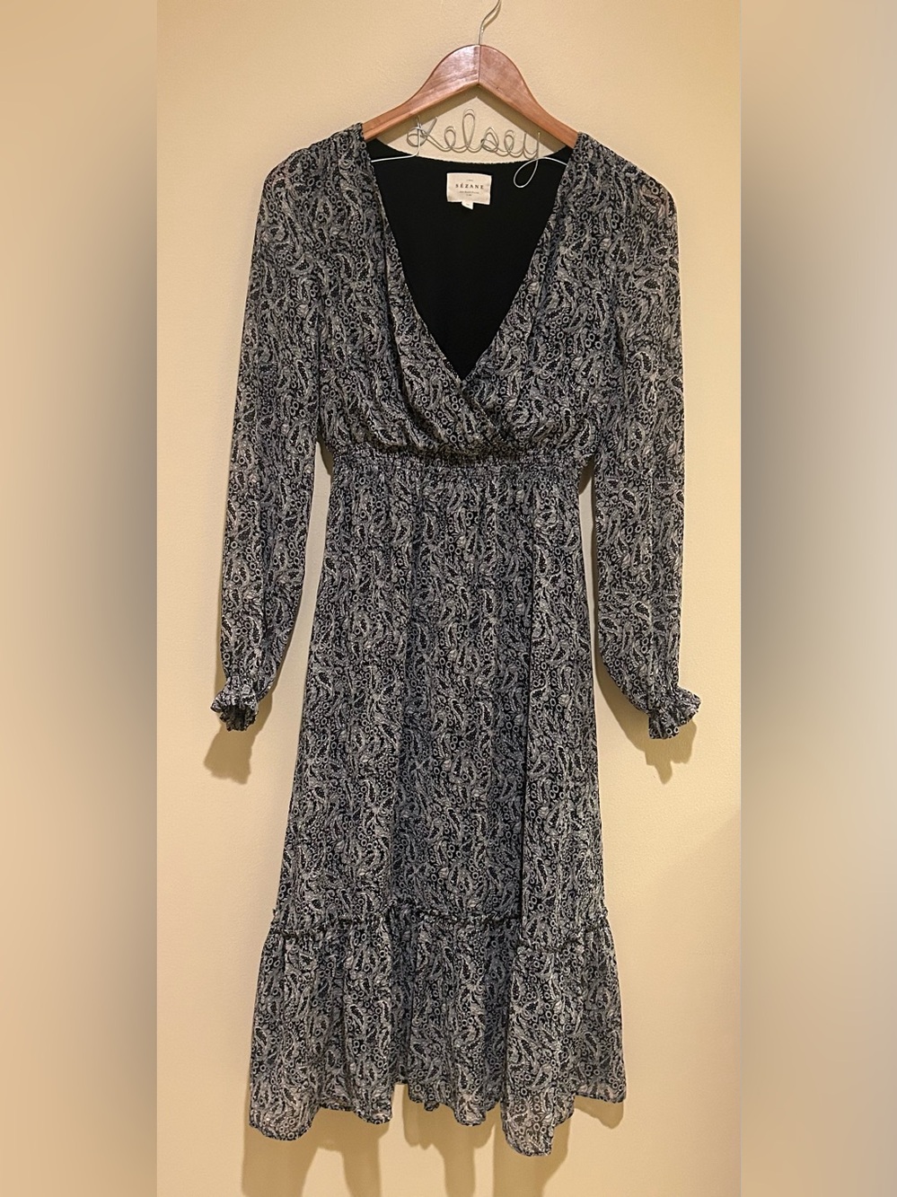 Sézane Women’s Black Cream Paisley Long Sleeve Midi Dress Size 36 US 4 EUC